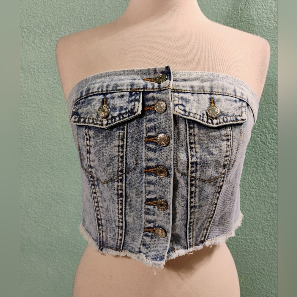 Unbranded Sz L Button Front Strapless Jean Crop Top